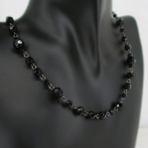 Black Glass Faceted Beads Station Chain Single Strand Womens Necklace 18"